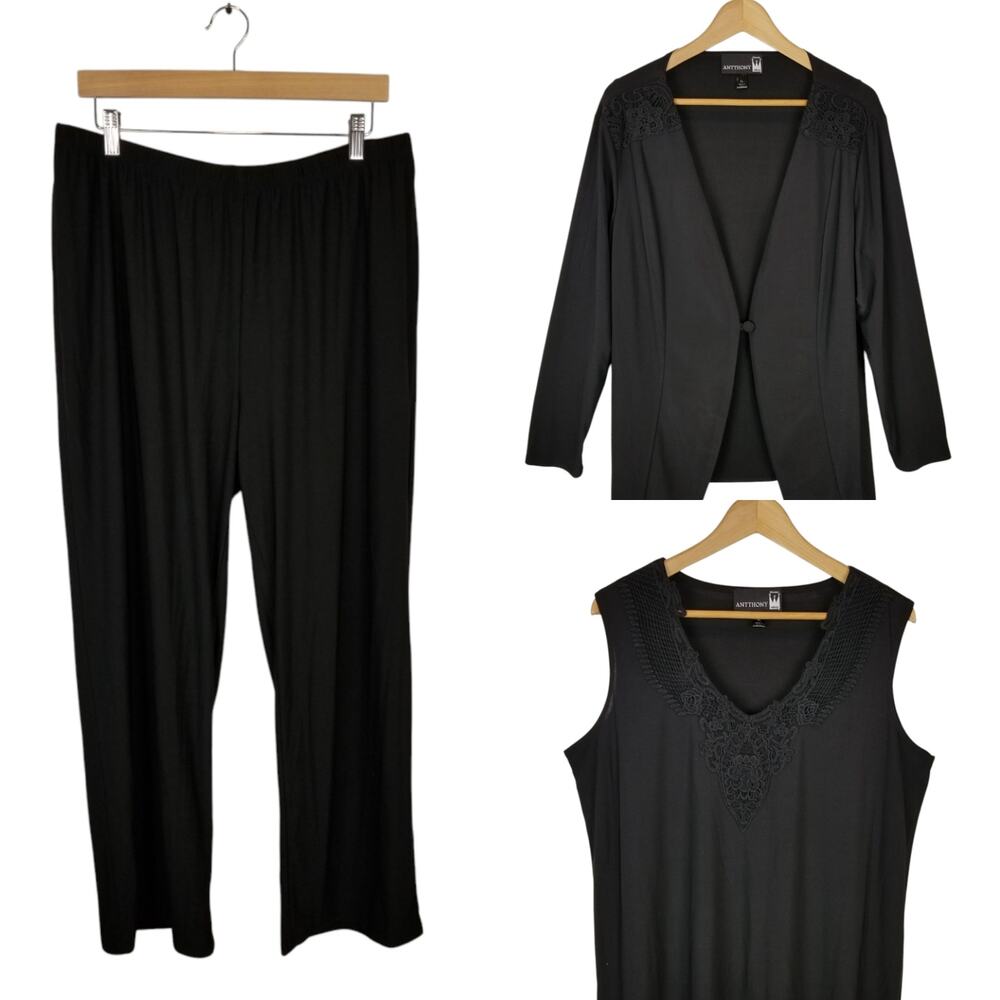 Antthony Original Black 3 Piece Set Stretch Knit Pants Tank Top Blazer Size XL